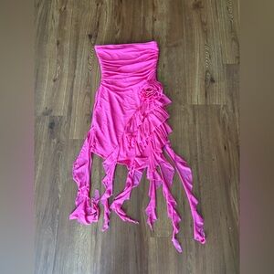 Pink Strapless Dress with Ruffle Details and Rose